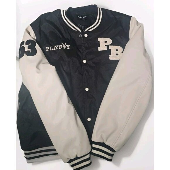 Playboy Varsity Jacket Mens Large XL Black White Long Sleeve Logo Bunny Graphic - Picture 2 of 11
